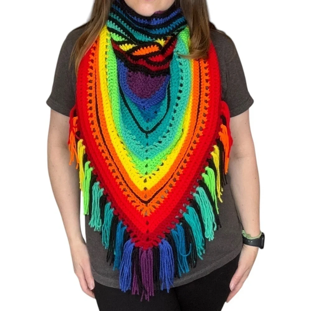 Handcrafted Crochet Cowl Neck Scarf With Fringe Rainbow Colors New Handmade Knit